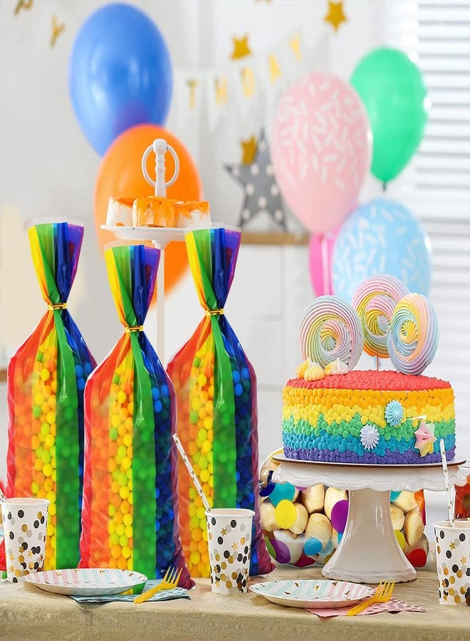 Lecpeting 100 Pcs Rainbow Treat Bags Rainbow Stripes Print Cellophane Candy Bags with Twist Ties for Baby Shower Birthday Party Supplies - Image 5